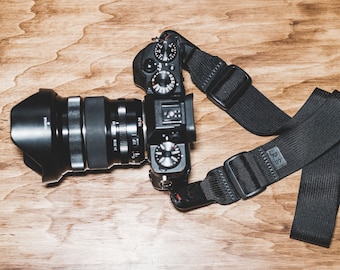 May include: A black camera with a lens attached and a black camera strap with the text "Peak Design" on it.