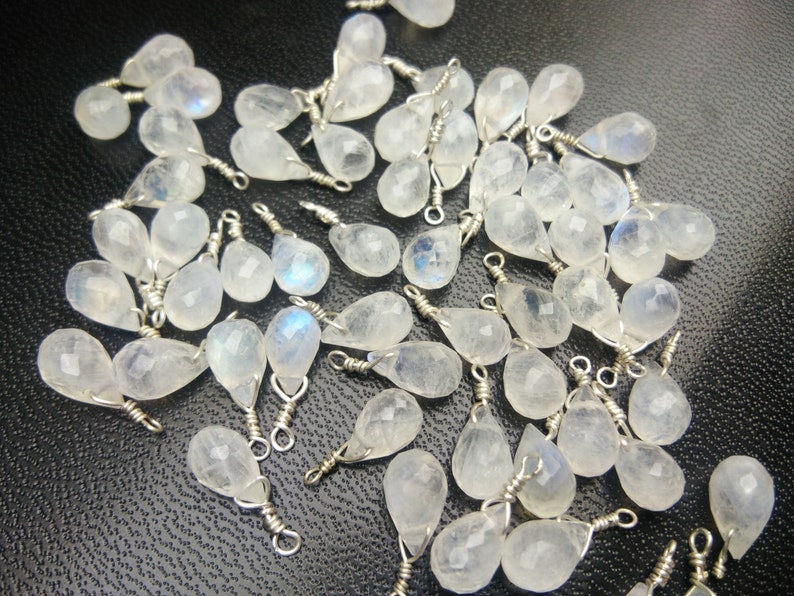 30 beads  Rainbow moonstone teardrop Faceted 5x7mm silver plated wire wrapped link gemstone beads
