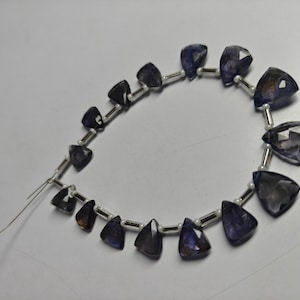 Op de afbeelding: Een streng gefacetteerde, driehoekige, donkerblauwe edelstenen met zilverkleurige afstandhouders. De edelstenen zijn geregen op een dunne, zilverkleurige draad. De edelstenen hebben een gepolijst, reflecterend oppervlak.