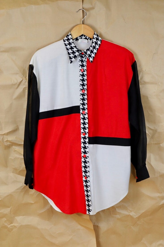 Vintage button down colorblock blouse | colorblock