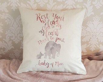 Dumbo  quote pink " Rest your head close to my heart never to part baby of mine " throw pillow cushion cover 45cm disney nursery baby gift