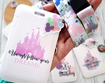 Disney Mickey ear balloon castle "Always follow your Dreams" Lanyard / keychain / ld badge/ Plastic ID name character lanyard  - safety clip