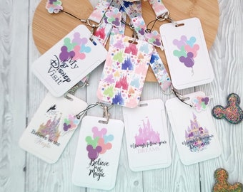 Disney Mickey ear balloon castle &quot; 1st trip to Disney &quot; Lanyard / keychain / ld badge/ Plastic ID name character lanyard  -with safety clip
