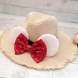Rot Disney Mickey Minnie Maus Ohr Stil Stroh Hut Strand Urlaub Hut Disneyland Urlaub Reisehut - Erwachsene Sonnenmütze Hut Ohren & Bogen Details