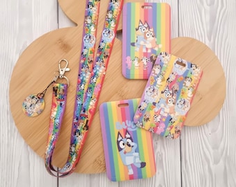 Bluey Rainbow Disney Lanyard / keychain / lanyard badge holder / Matching Plastic ID name  - Disney character lanyard with safety clip Gift