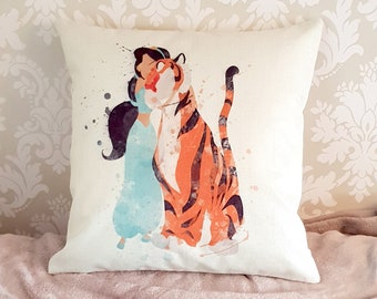 Aladdin splash art inspired princess Jasmine with Rajah tiger cushion cover throw pillow bedroom gift Disney princess room home decor