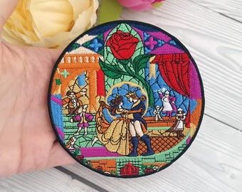 La belle et la bête en verre - Écusson brodé Disney - Écusson à repasser / Écusson à repasser / Écusson pour vêtements / Repasser ou coudre / Écusson Disney