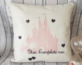 Pink castle jigsaw piece love quote "You complete me " cushion cover throw pillow 45cm gift Disney decor