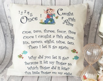 Nursery rhyme inspired cushion - 1 2 3 4 5 Once I caught a fish alive  -  baby room children poem cushion cover throw pillow 45 cm home gift