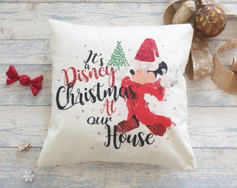 Disney Christmas Holiday cushion  quote " It's a Disney Christmas at our house " Mickey Santa Christmas tree cushion throw pillow cover gift