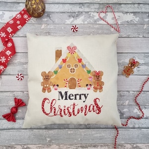 Disney &quot; Merry Christmas &quot; Holiday mickey Minnie gingerbread house  Disney ears swirl candy cane cushion throw pillow cover decor  gift