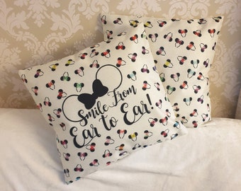 Double sided Mickey mouse bow ear heads dots quote " Smile form ear to ear " Disney inspired cushion cover pillow kids room gift home deco