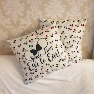 Double sided Mickey mouse bow ear heads dots quote " Smile form ear to ear " Disney inspired cushion cover pillow kids room gift home deco