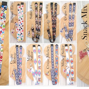 May include: A collection of fabric lanyards featuring various colorful patterns including Park Mix, Balloon Ears, Safari, Cruise Mix, Snack Mix, Cruise Minnie, Minnie Sailor, Cruise Mickey, and Mickey Sailor, each with a metal clasp and charm.