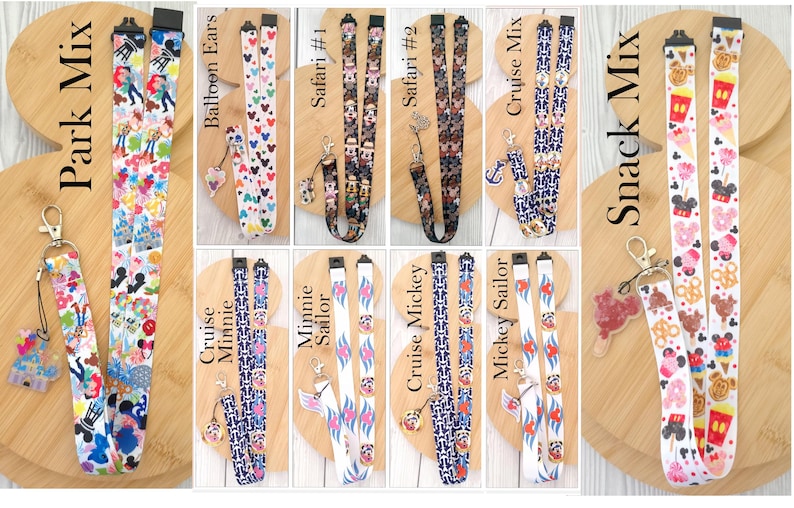 May include: A collection of fabric lanyards featuring various colorful patterns including Park Mix, Balloon Ears, Safari, Cruise Mix, Snack Mix, Cruise Minnie, Minnie Sailor, Cruise Mickey, and Mickey Sailor, each with a metal clasp and charm.