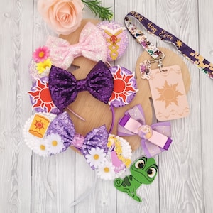 Disney Princess Tangled Rapunzel Purple Minnie mickey Disney Ears Headband Scrunchies lanyard reel Disneyland holiday Sequin ears