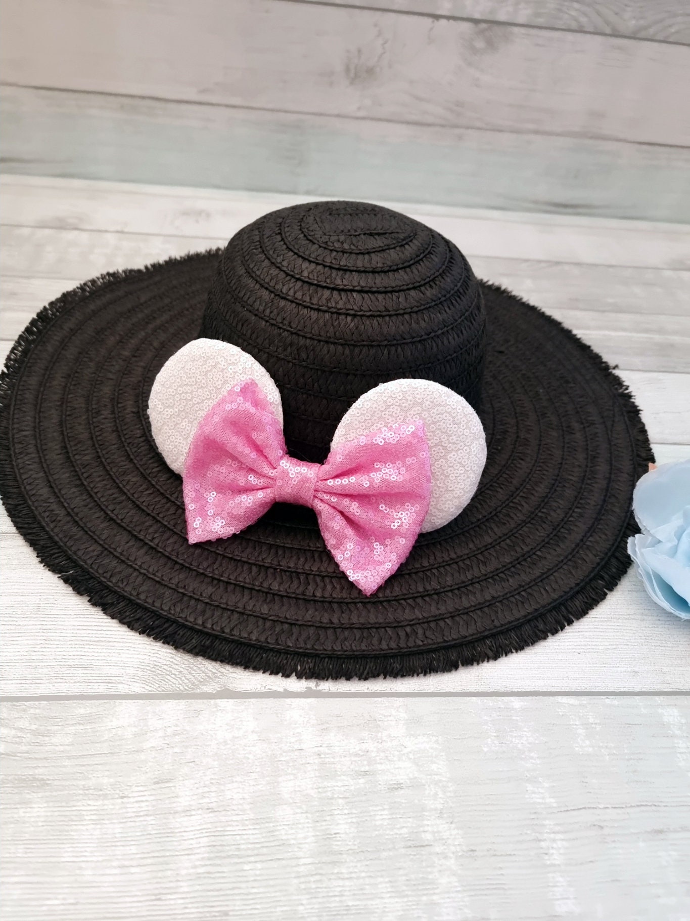 Walt Disney World Straw Hat Beach Vacation Mickey Minnie Mouse Adult OS Disney Inspired Straw Hat Mickey Ears Pearl Band Adult  main image 4