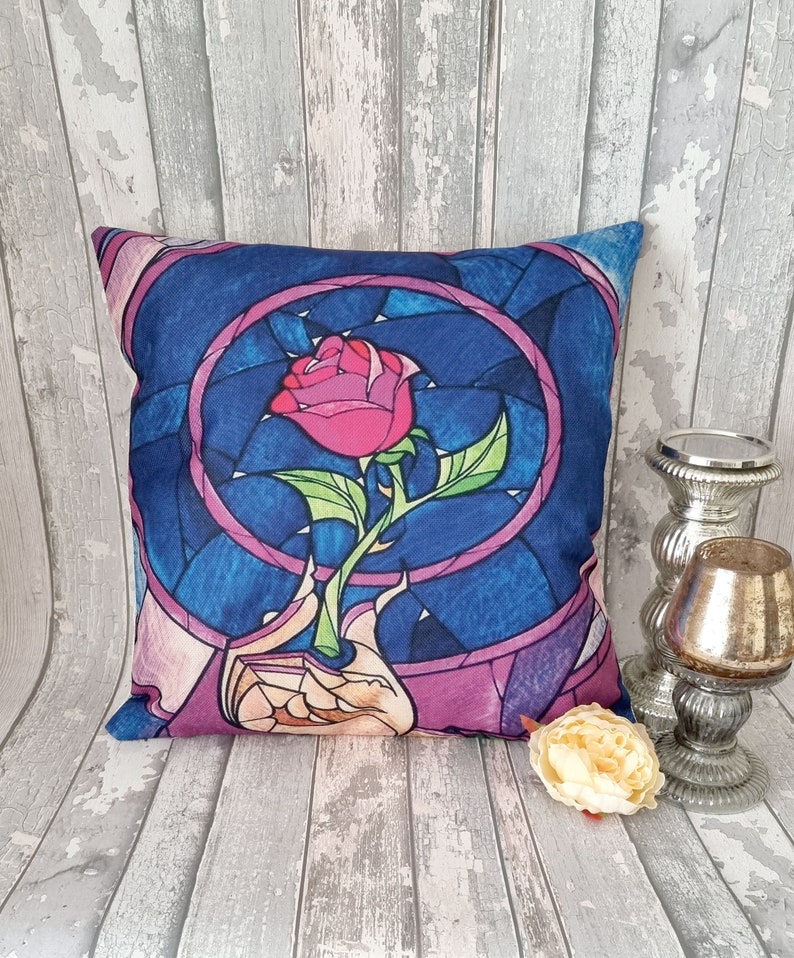 Princess belle beauty and the beast stain glass inspired cushion cover throw pillow case 45 by 45 cm beautiful gift Rose