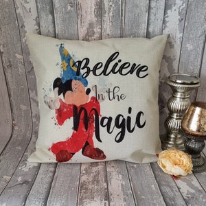 Mickey mouse Sorcerer inspired quote &quot; Believe in the magic &quot; cushion cover throw pillow  45cm Disney home room decor gift