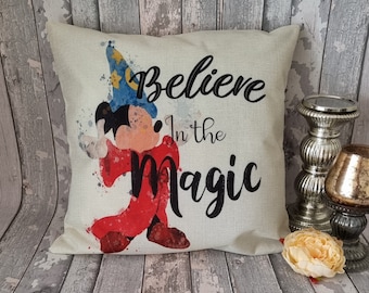 Mickey mouse Sorcerer inspired quote " Believe in the magic " cushion cover throw pillow  45cm Disney home room decor gift