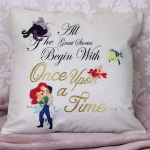 Little Mermaid Princess Ariel Inspired &quot; All the great Stories begin with once upon a time &quot; throw pillow cushion cover 45cm home decor gift
