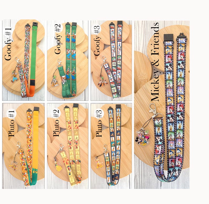May include: A collection of seven fabric lanyards featuring Disney characters including Goofy, Pluto, Mickey, and friends. Each lanyard includes a metal lobster clasp and a character charm. The designs feature film strip patterns and solid colors.