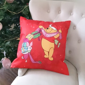 Disney Winnie the Pooh & Piglet Christmas Cushion Cover – Red Mickey Tree Xmas Pillow | Festive Throw Pillow Gift Home Decoration