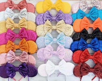 Disney colour Minnie mickey Disney Ears Headband Disneyland thin holiday Sequin blue pink purple gold white sequin matching Bow ears