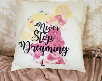 Princess Rapunzel Disney inspired quote " Never stop dreaming "cushion cover throw pillow Princess bedroom home decor Gift