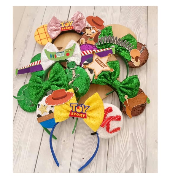 Disney Toy Story - Woody Buzz Rex Alien Pixar Ball Diadema con orejas de Mickey Disney Orejas de lentejuelas navideñas de Disneyland