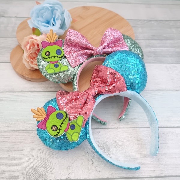 Disney Lilo & Stitch Scrump ears  Mickey Disney Ears Headband Disneyland holiday Sequin Blue Green Padded ears
