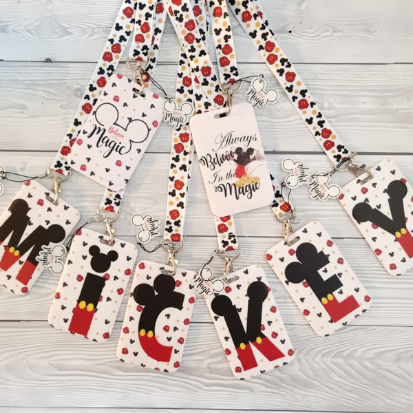 Disney Mickey ears " Believe in the magic " Personalize Letter  / keychain / lD badge Matching Plastic ID name Disney character lanyard gift