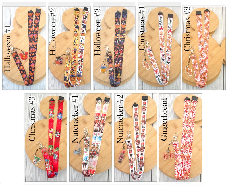May include: A collection of nine fabric lanyards featuring various holiday-themed patterns including Halloween pumpkins, Christmas characters, nutcrackers, and gingerbread designs. Each lanyard includes a metal lobster clasp and a small acrylic charm.