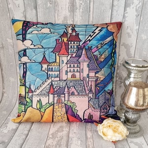 Princess belle beauty and the beast stain glass inspired cushion cover throw pillow case 45 by 45 cm beautiful gift Castle