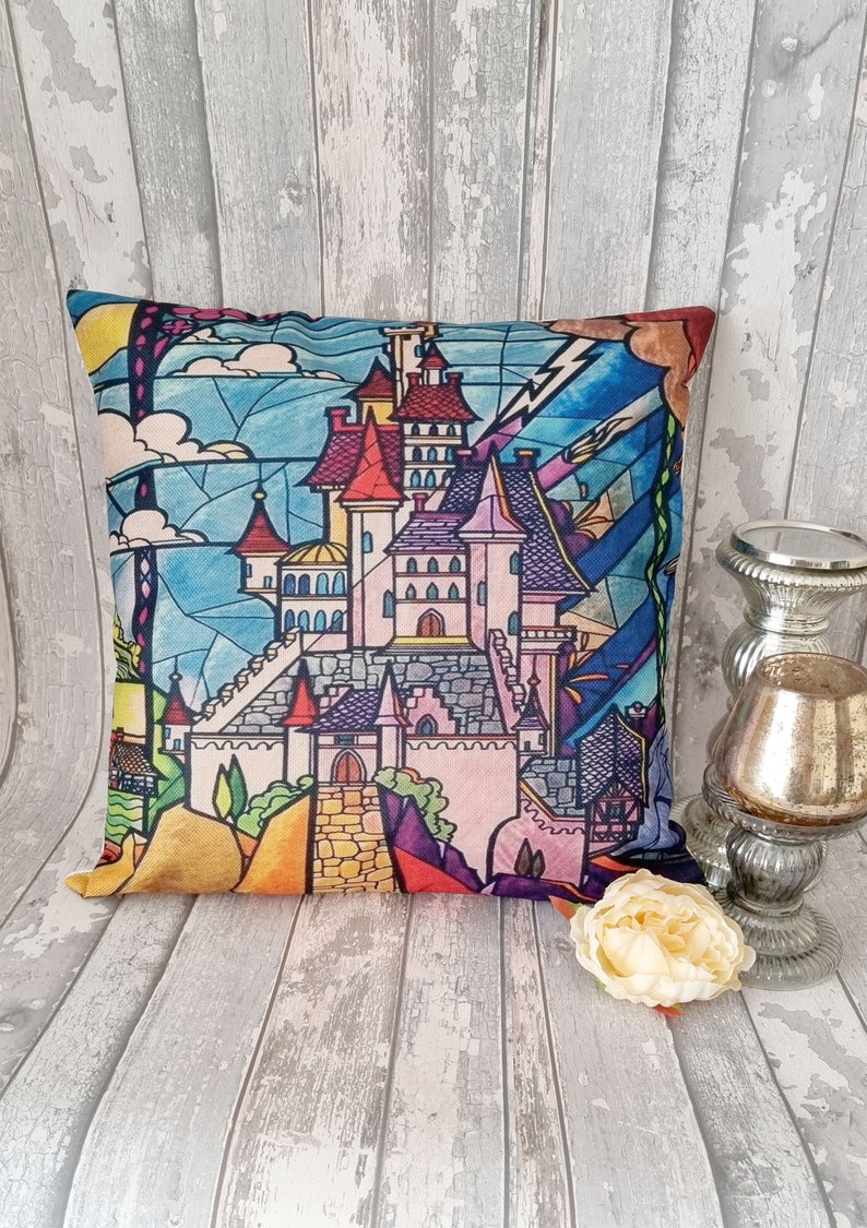 Princess belle beauty and the beast stain glass inspired cushion cover throw pillow case 45 by 45 cm beautiful gift Castle