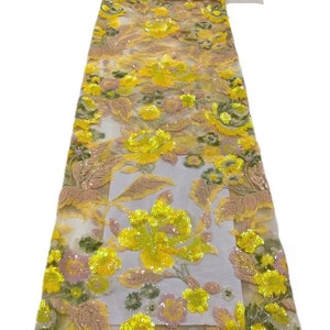 Luxury fashion show lace fabric , Shinning yellow sequins lace fabric , quality 3D flower lace fabric for Christmas dress
