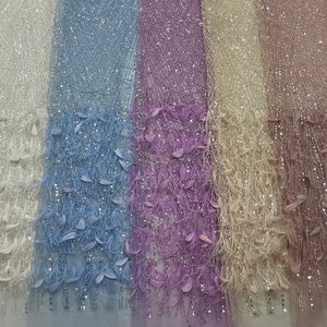 Fashion beads and sequins lace fabric with feathers , 3d feather lace fabric  ,  shinning lace fabric for party dress fabric