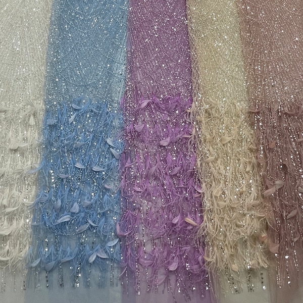 Fashion beads and sequins lace fabric with feathers , 3d feather lace fabric  ,  shinning lace fabric for party dress fabric