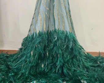 Luxury Feather Sequins Lace Fabric, Bridal Wedding Dress, Sells By The Yard