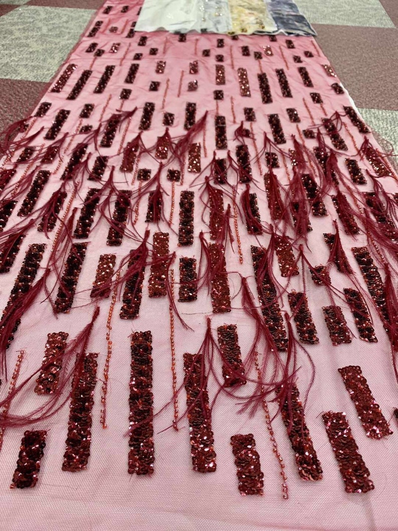shinning dress fabric fashion show lace fabric with feathers Luxury fashion colorful sequins design red lace fabric
