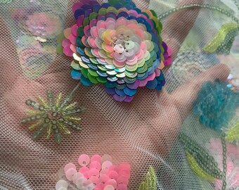 Sequin Lace Fabric, 3D Flower Embroidery, Multicolor Wedding Dress Fabric