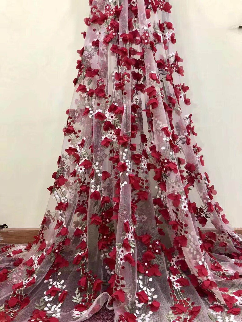 Bridal lace fabric Embroidery lace fabric 3D fashion lace fabric Red flower lace fabric