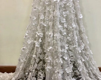 White 3D Flower Lace Fabric with Pearls, Handwork Embroidery Wedding Lace