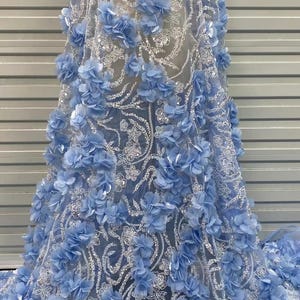 Blue color shinning sequins and beads lace fabric , 3D Flower lace fabric , Elegant wedding dress lace fabric