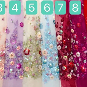 Fashion colorful 3D sequins lace fabric , embroidery flower lace fabric , fashion beads lace for wedding  gown