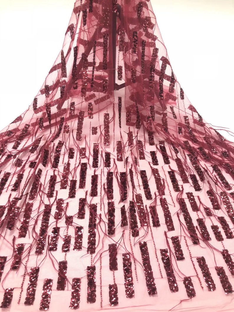 shinning dress fabric fashion show lace fabric with feathers Luxury fashion colorful sequins design red lace fabric