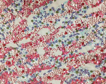 Colorful Sequins Embroidery Lace Fabric, Floral Scalloped Border