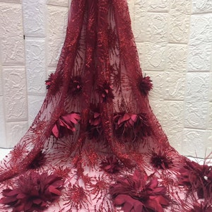 3d flowers lace fabric, wine red french lace fabric, 3d florals lace fabric for wedding prom, wedding dress lace