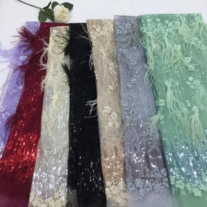 New arrival feather lace fabric , Sequins lace with feathers ,High quality lace fabric for party