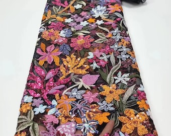 3D Flower Sequin Lace Fabric, Multicolor Embroidery, Wedding Dress